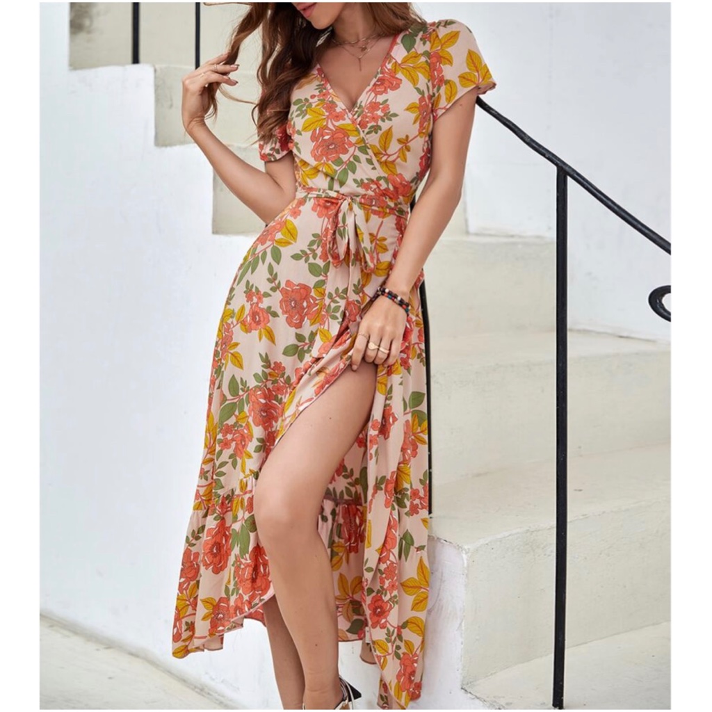 Boho Floral Print Wrap Midi Dress Cottagecore